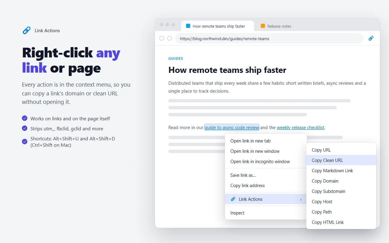Link Actions submenu in the right-click menu of a link