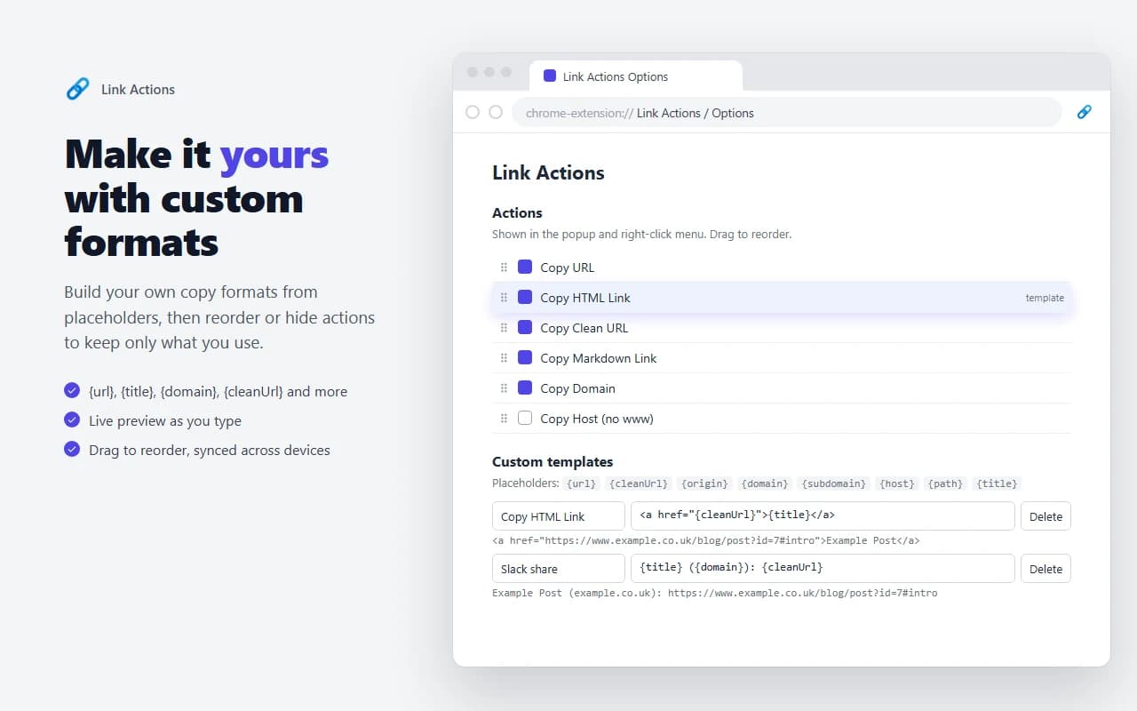 Link Actions options page with custom templates and reorderable actions